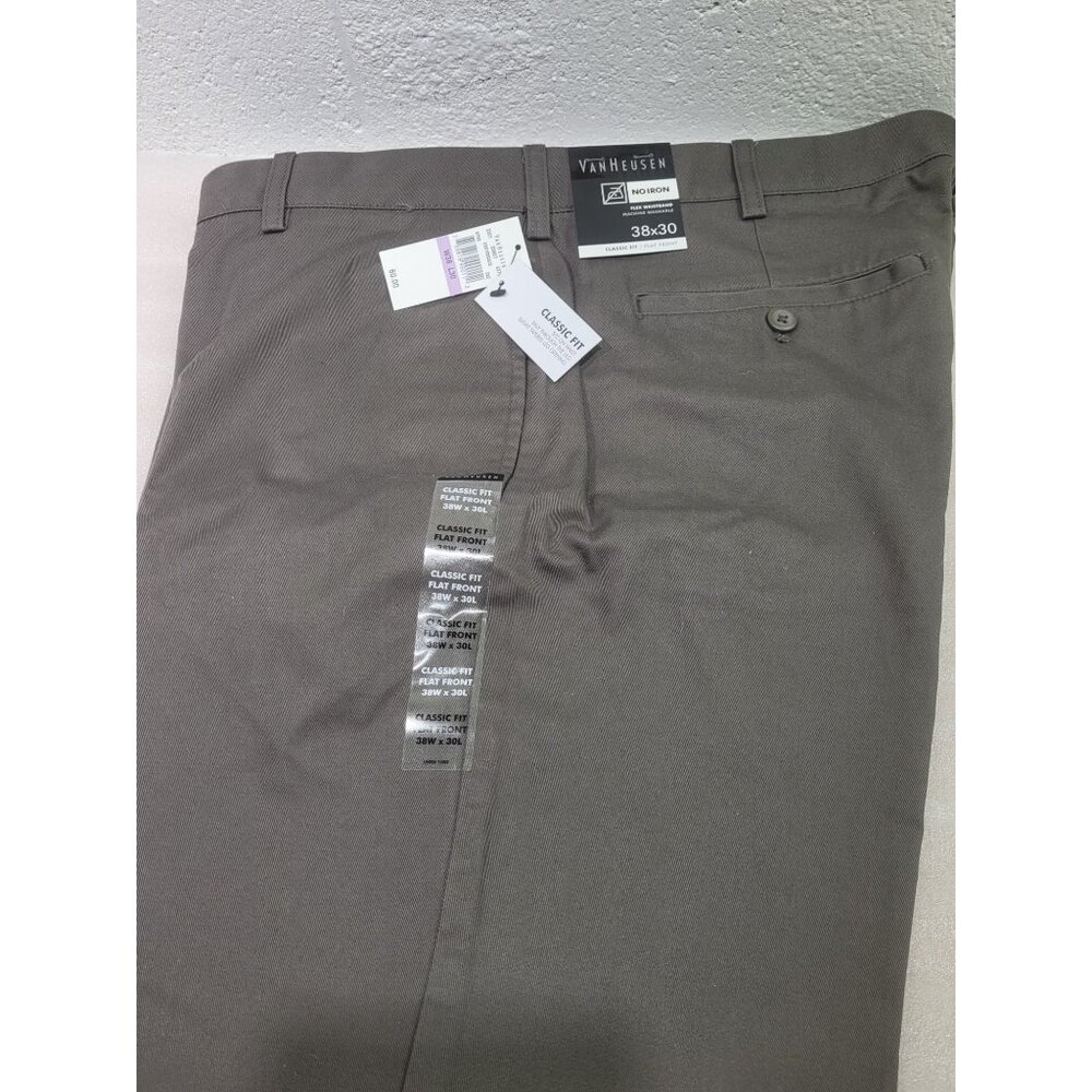 New Mens Van Heusen No Iron Cotton Pants Flex Waistband  Flat Front Brown 38x30